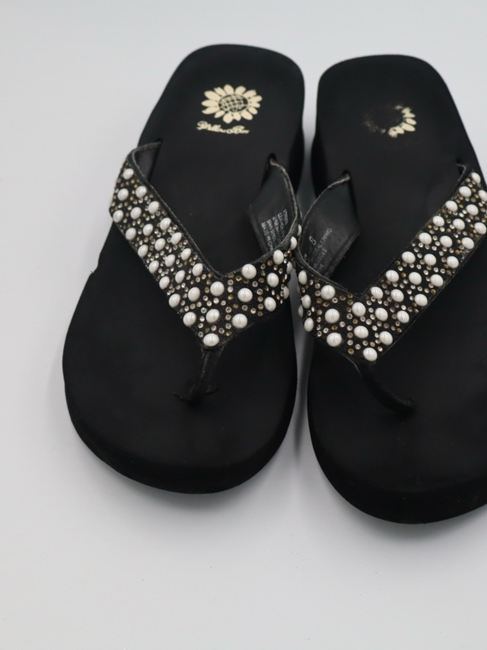 Yellow Box Black Pearl-Studded Flip Flop Sandals - Women